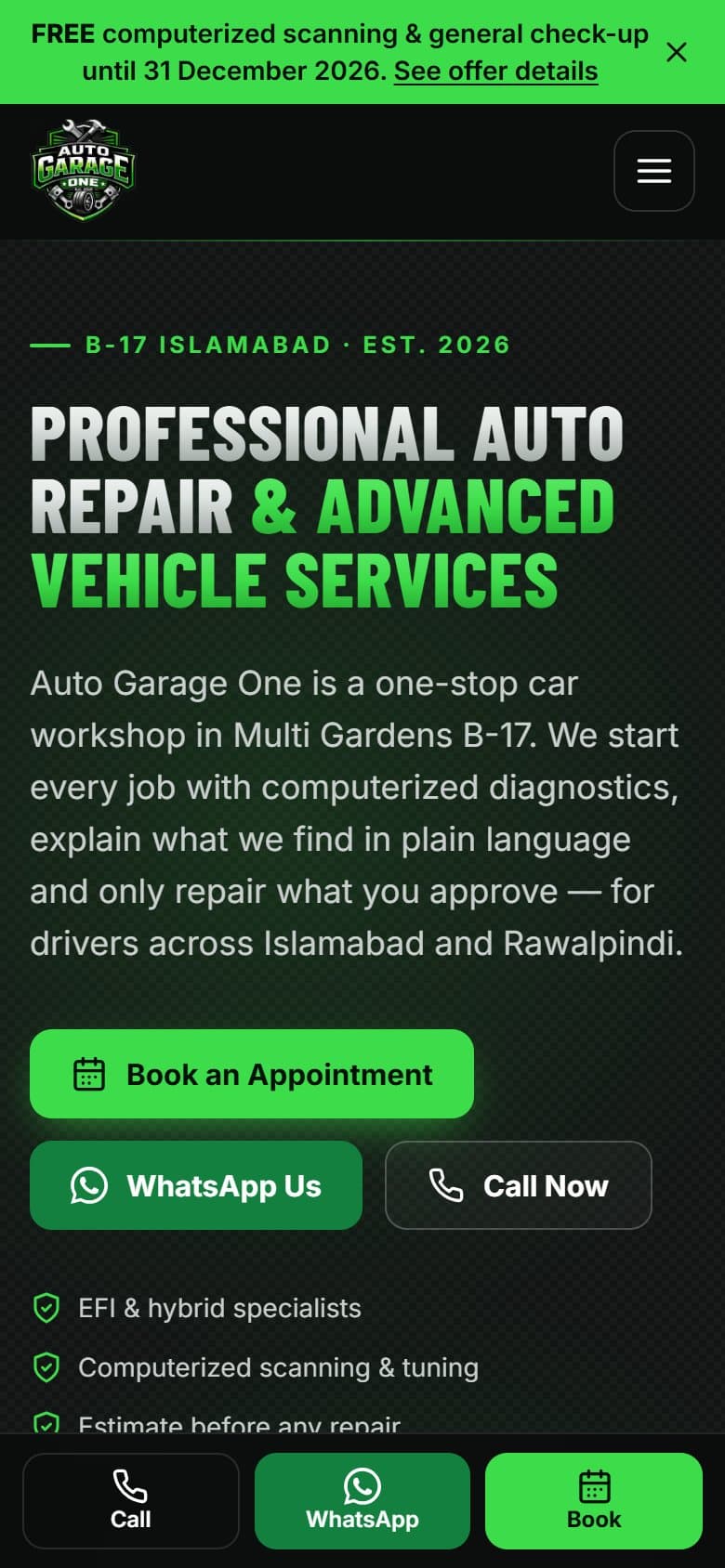 Auto Garage One website shown on a mobile phone