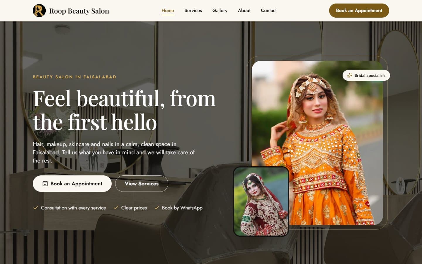 Roop Beauty Salon website shown on a desktop screen